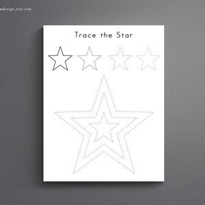 May include: A black and white printable worksheet with the text "Trace the Star" and a dotted line star shape for tracing.