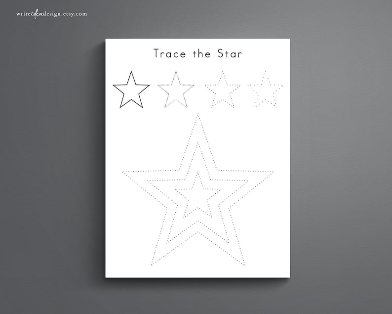 May include: A black and white printable worksheet with the text "Trace the Star" and a dotted line star shape for tracing.