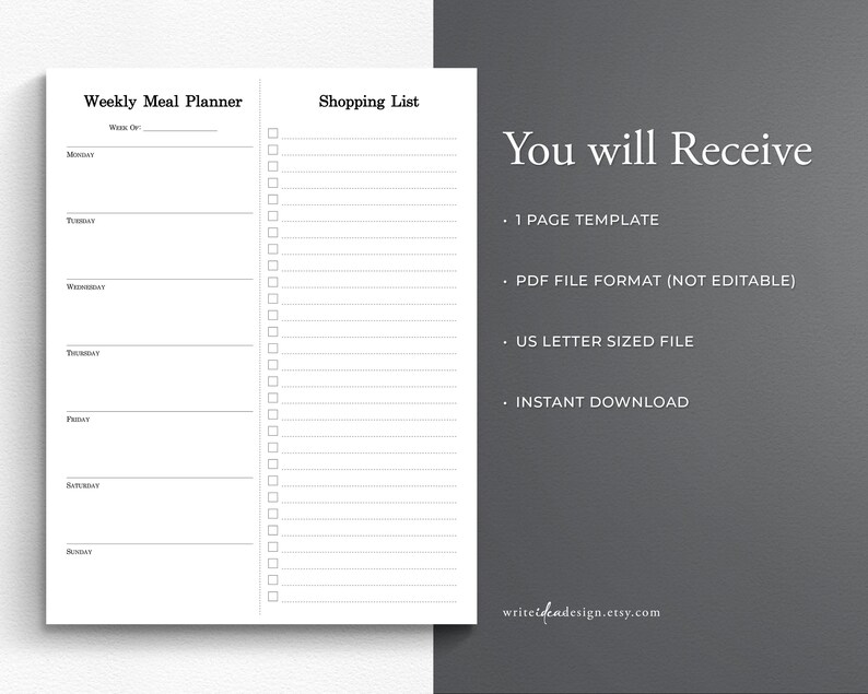 Weekly Meal Planner Printable | Minimalist Shopping List (PDF) - Etsy