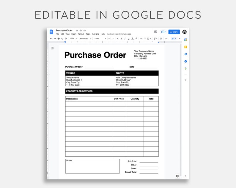 Purchase Order Template. Pdf/google Docs/microsoft Word. Etsy