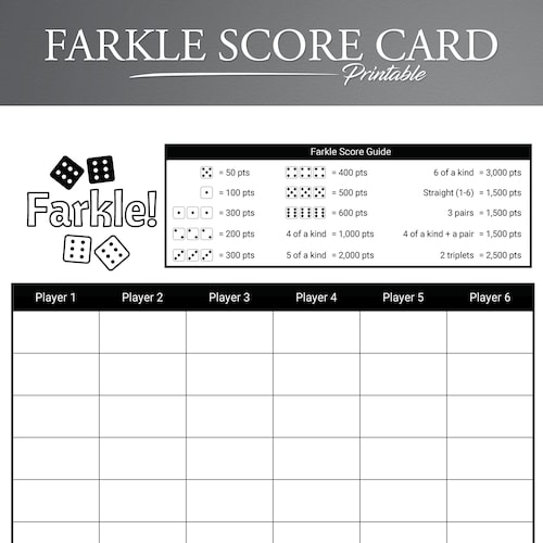 Farkle Score Card Printable File PDF Download 8.5x11 Etsy Australia