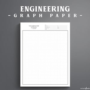 Könnte beinhalten: Ein weißes Blatt technisches Millimeterpapier mit schwarzem Gitterrand. Der obere Bereich enthält Felder für Firmenname, Adresse, Telefonnummer, Auftragsnummer, berechnet von, geprüft von, Datum und Maßstab. Der Text ENGINEERING - GRAPH PAPER - steht darüber.