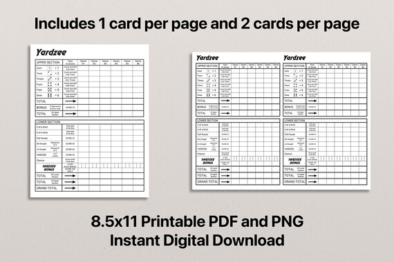 yardzee score card yardzee printable score card yard etsy