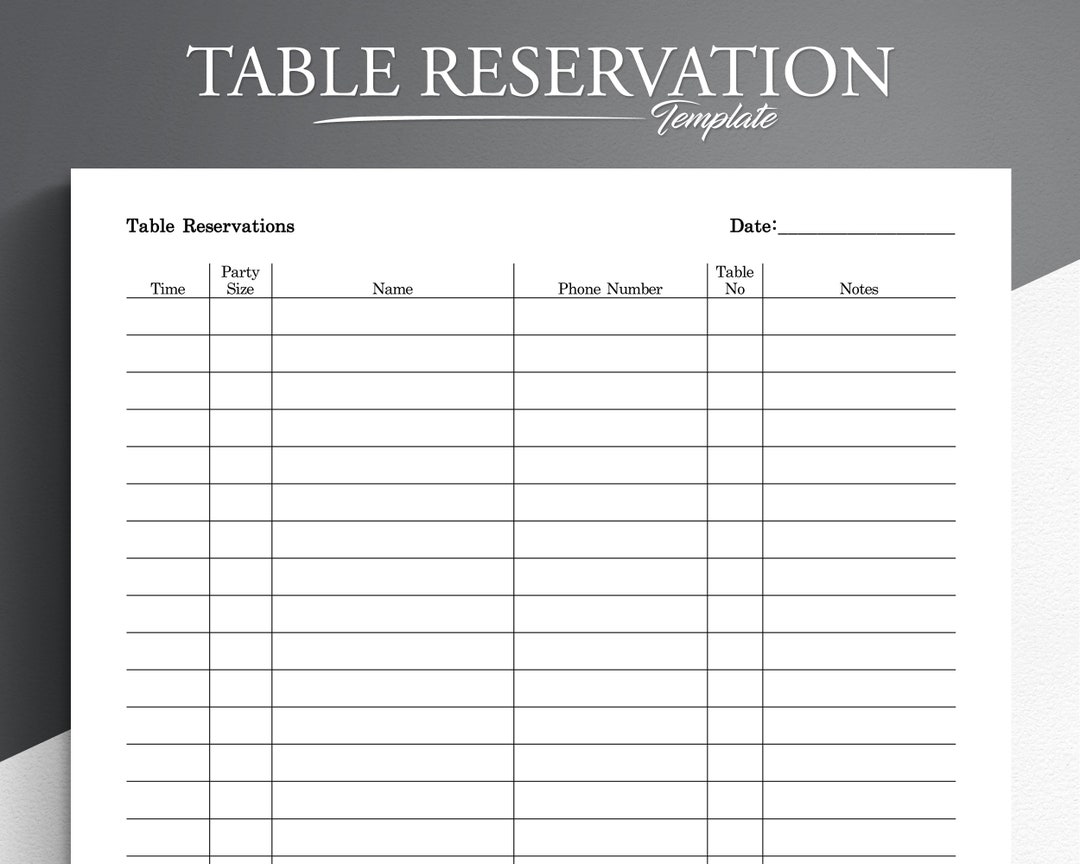 Printable Table Reservation List. Restaurant Table Reservation Form