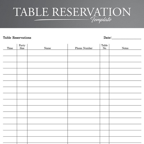 Printable Table Reservation List. Restaurant Table Reservation Form. Restaurant Reservation Sheet.