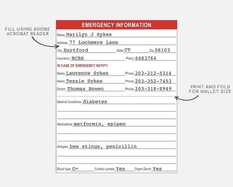 Printable Emergency Information Cards. Medical Alert ID. Etsy