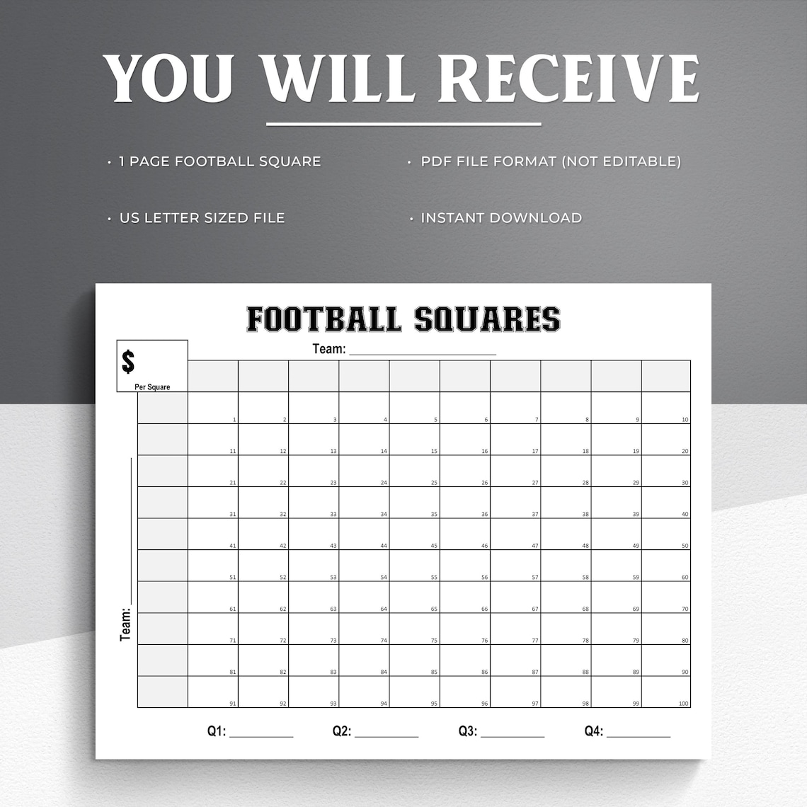 Printable Football Squares | 100 Square Pool Template (PDF) - Etsy