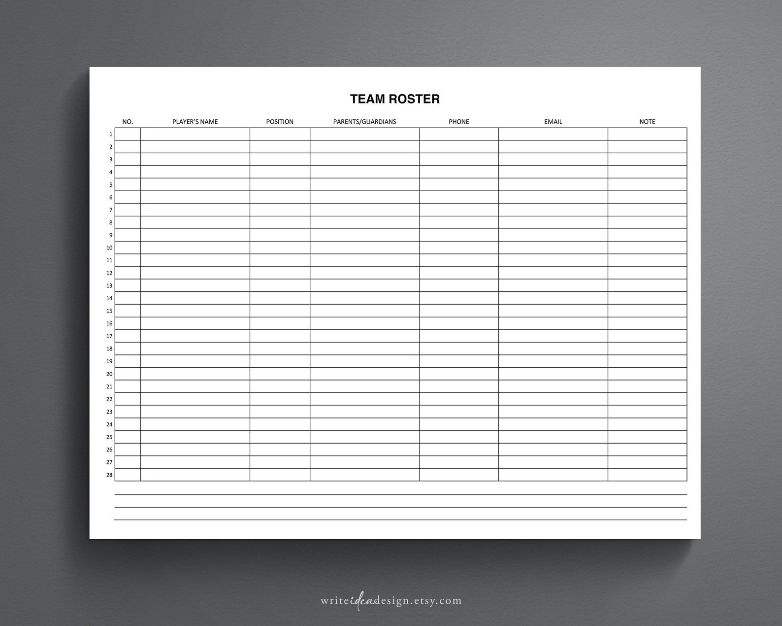 Sports Team Roster Template: Printable PDF, Google Docs, Word - Etsy