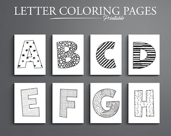 May include: Eight printable colouring pages featuring the letters A through H, each letter decorated with a different black and white pattern.