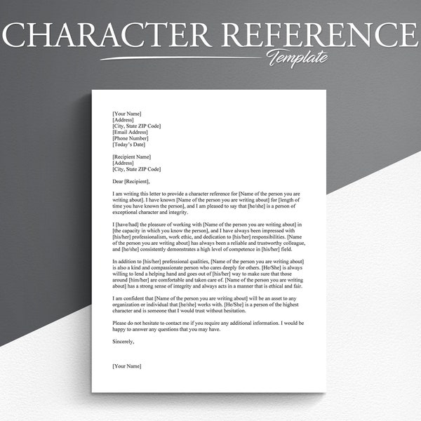 Professional Character Reference Letter Template. Google Docs/Microsoft Word. Character Letter Template.