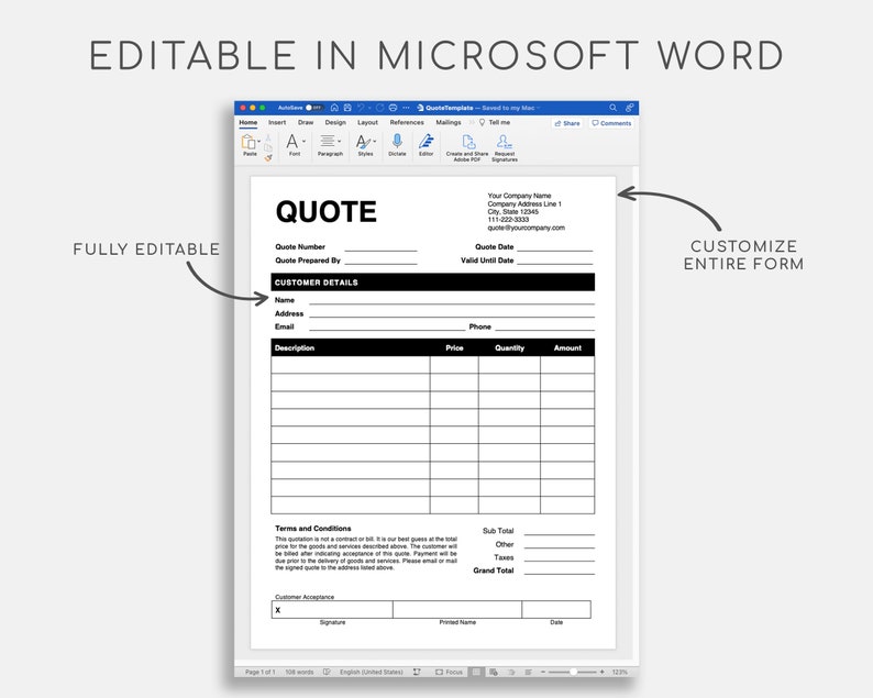 Quote Template. Pdf/google Docs/microsoft Word. Quote Form. Etsy