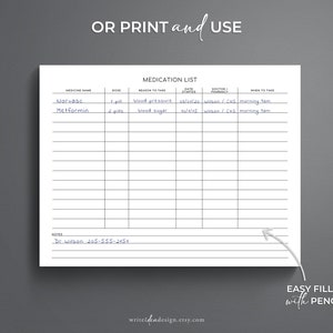 May include: A printable medication list with columns for medicine name, dose, reason to take, date started, doctor/pharmacy, and when to take. The list includes two sample entries for Norvasc and Metformin.