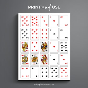 May include: Printable playing cards featuring all four suits: hearts, diamonds, clubs, and spades. Each card is displayed in a white square with a black border. The cards are arranged in a grid pattern.