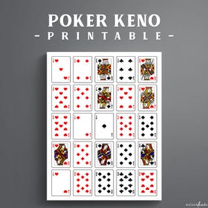 Può includere: Un foglio stampabile intitolato POKER KENO che presenta una griglia di venticinque carte da gioco individuali. Le carte mostrano vari semi tra cui cuori, quadri, picche e fiori, insieme a figure e carte numerate in rosso e nero.