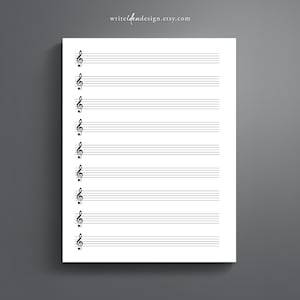 May include: Blank sheet of music paper with a treble clef at the beginning of each line. The paper is white and has 10 lines.