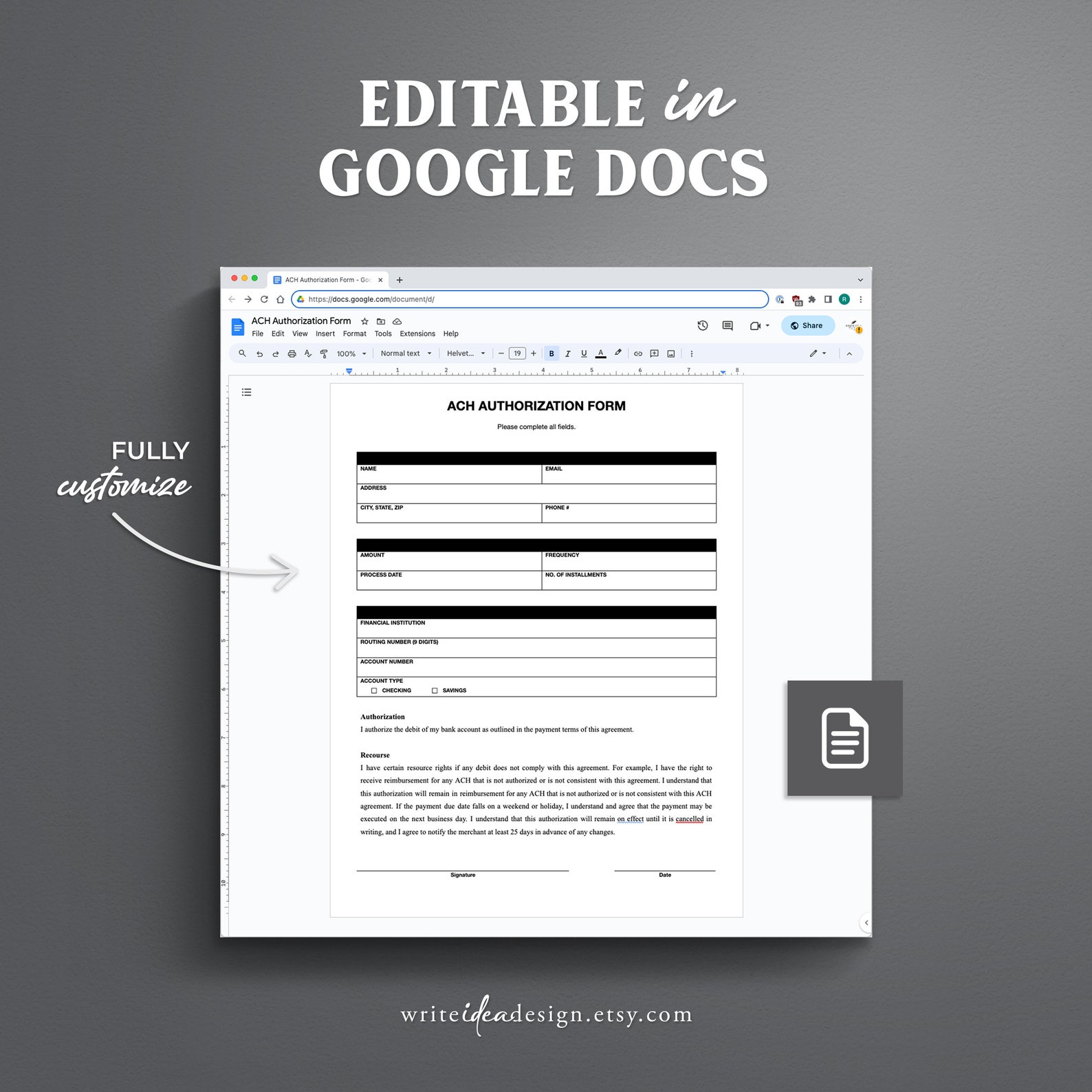 ACH Authorization Form Template Debit Authorization for Payment