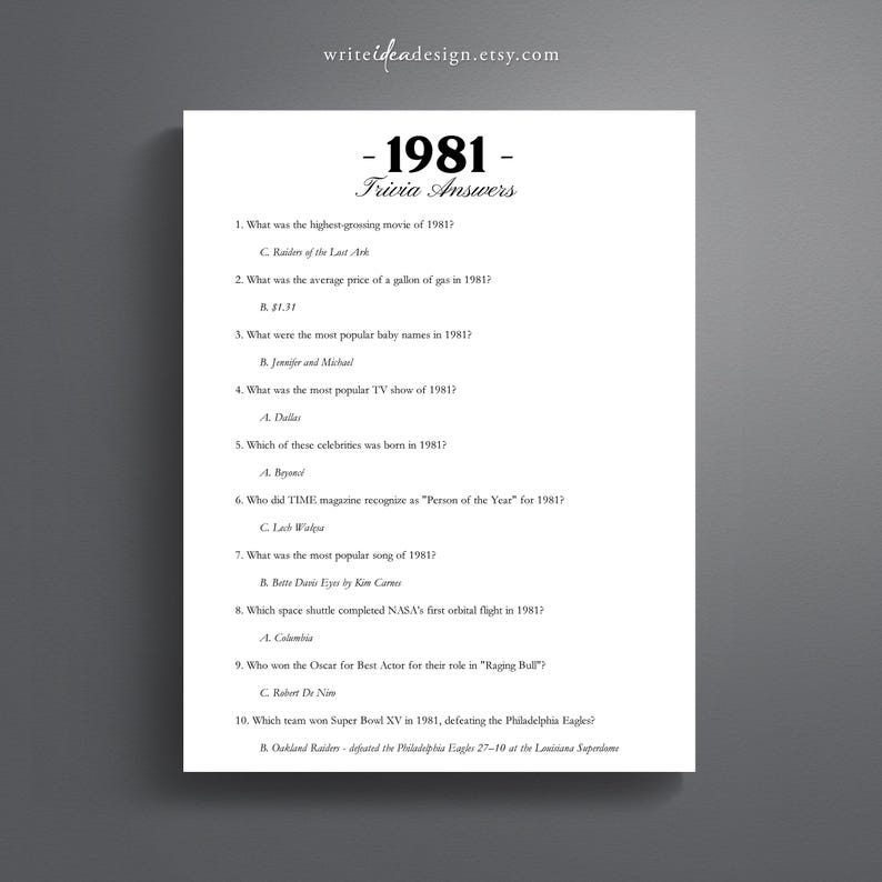 1981 Trivia Game: Retro 80s Party Quiz (printable PDF) - Etsy