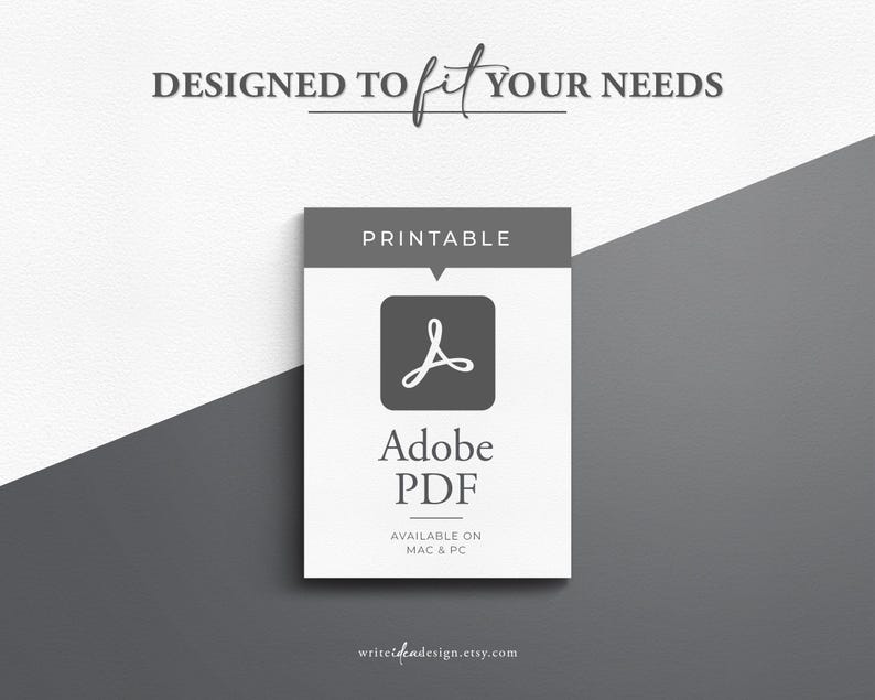 Pode incluir: Um gr&aacute;fico retangular com o texto DESIGNED TO FIT YOUR NEEDS no topo. Abaixo, um cart&atilde;o branco exibe a palavra PRINTABLE, um &iacute;cone Adobe PDF, o texto Adobe PDF e a frase AVAILABLE ON MAC & PC. O fundo &eacute; dividido na diagonal.