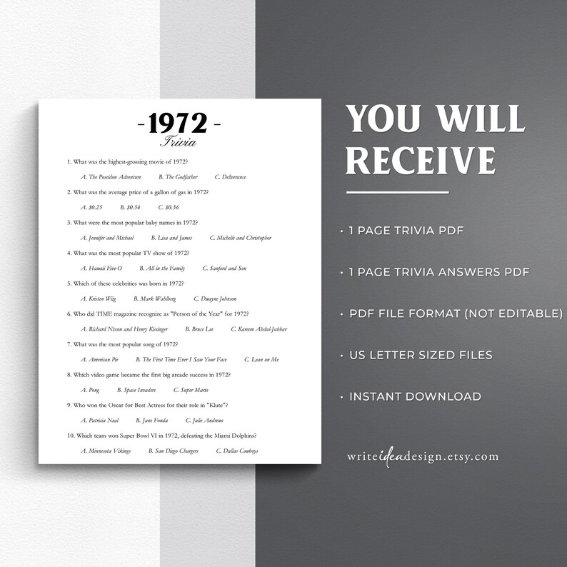 1972 Trivia Game | Retro 70s Party Quiz (printable PDF) - Etsy