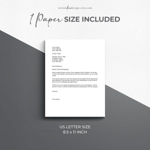 May include: A printable resignation letter template in US Letter size (8.5 x 11 inches). The template includes fields for your name, address, date, manager's name, company name, and subject line. The letter is formatted for easy editing and printing.