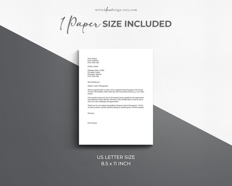 May include: A printable resignation letter template in US Letter size (8.5 x 11 inches). The template includes fields for your name, address, date, manager's name, company name, and subject line. The letter is formatted for easy editing and printing.