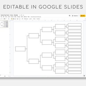 May include: A black and white family tree chart with 5 generations, displayed in a Google Slides presentation. The chart is a branching diagram with boxes for names and dates.