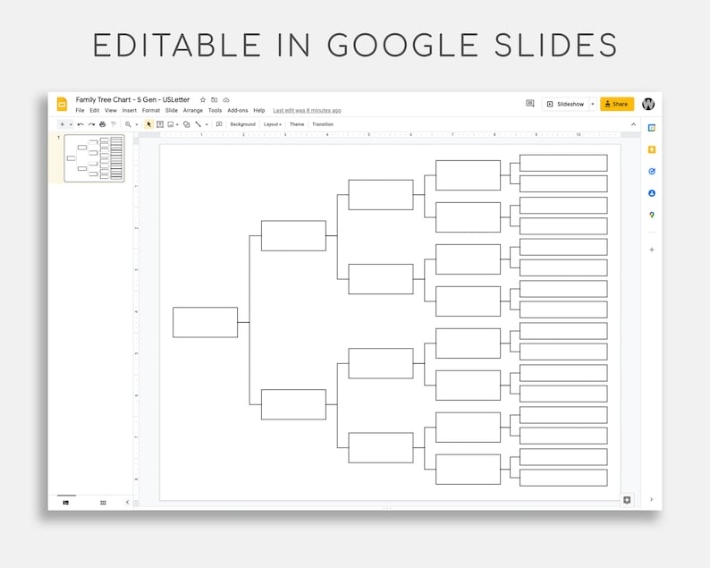 May include: A black and white family tree chart with 5 generations, displayed in a Google Slides presentation. The chart is a branching diagram with boxes for names and dates.