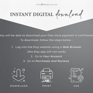 May include: A gray background with white text explaining how to download digital files from Etsy. The text includes instructions to log into the Etsy website using a web browser, go to your account, and go to purchases and reviews. Three icons are shown below the text: a downward arrow, a printer, and a document with a heart. The icons are labeled "Download", "Print", and "Use".