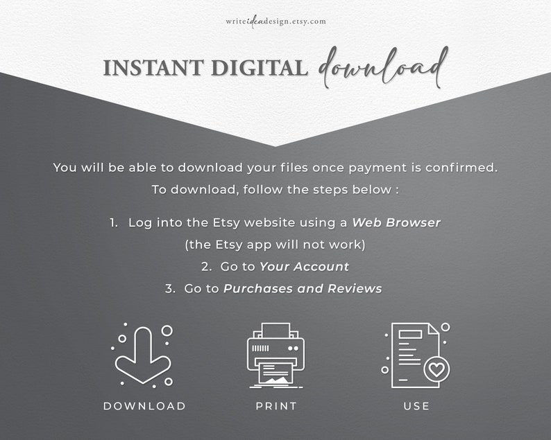 May include: A gray background with white text explaining how to download digital files from Etsy. The text includes instructions to log into the Etsy website using a web browser, go to your account, and go to purchases and reviews. Three icons are shown below the text: a downward arrow, a printer, and a document with a heart. The icons are labeled "Download", "Print", and "Use".