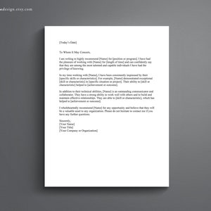 Pode incluir: Um modelo de carta de recomendação para um candidato a um emprego. A carta inclui uma seção para o nome, cargo e empresa do recomendador, bem como uma seção para o nome e cargo do candidato.