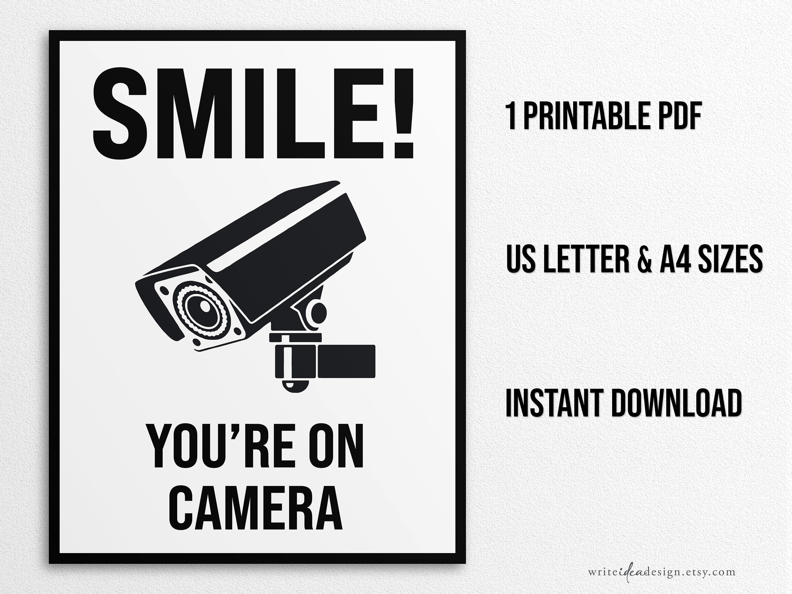 printable smile, you're on camera sign in us letter und a4 größen