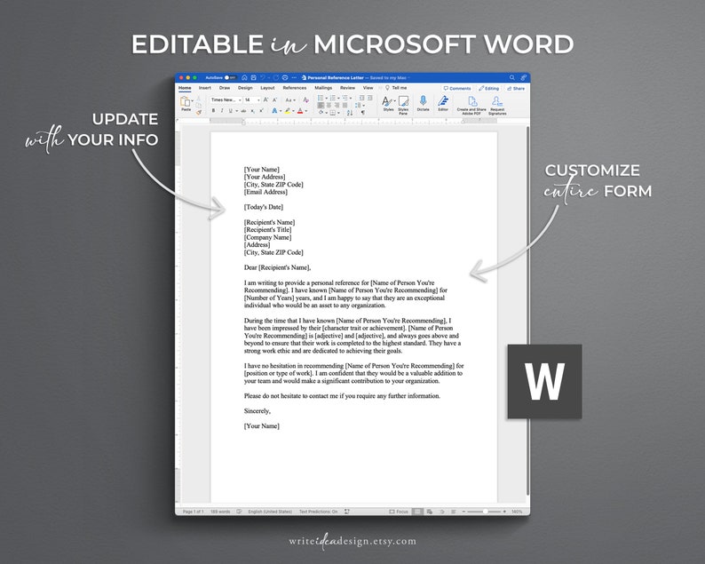 Personal Reference Letter Template. Google Docs/microsoft - Etsy