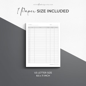 May include: A white US Letter size 8.5 x 11 inch financial planner sheet with a grid for tracking income, expenses, and balance. The text "1 Paper SIZE INCLUDED" is at the top. The website writeideadesign.etsy.com is at the top.
