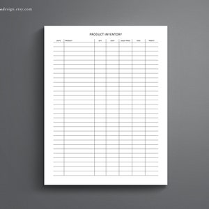 May include: A printable product inventory sheet with columns for date, product, quantity, cost, sales price, total, and profit.