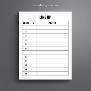 Könnte beinhalten: Ein druckbares Aufstellungssheet mit den Überschriften "Order", "#" und "Player". Das Blatt hat 12 Zeilen zum Auflisten der Spieler.