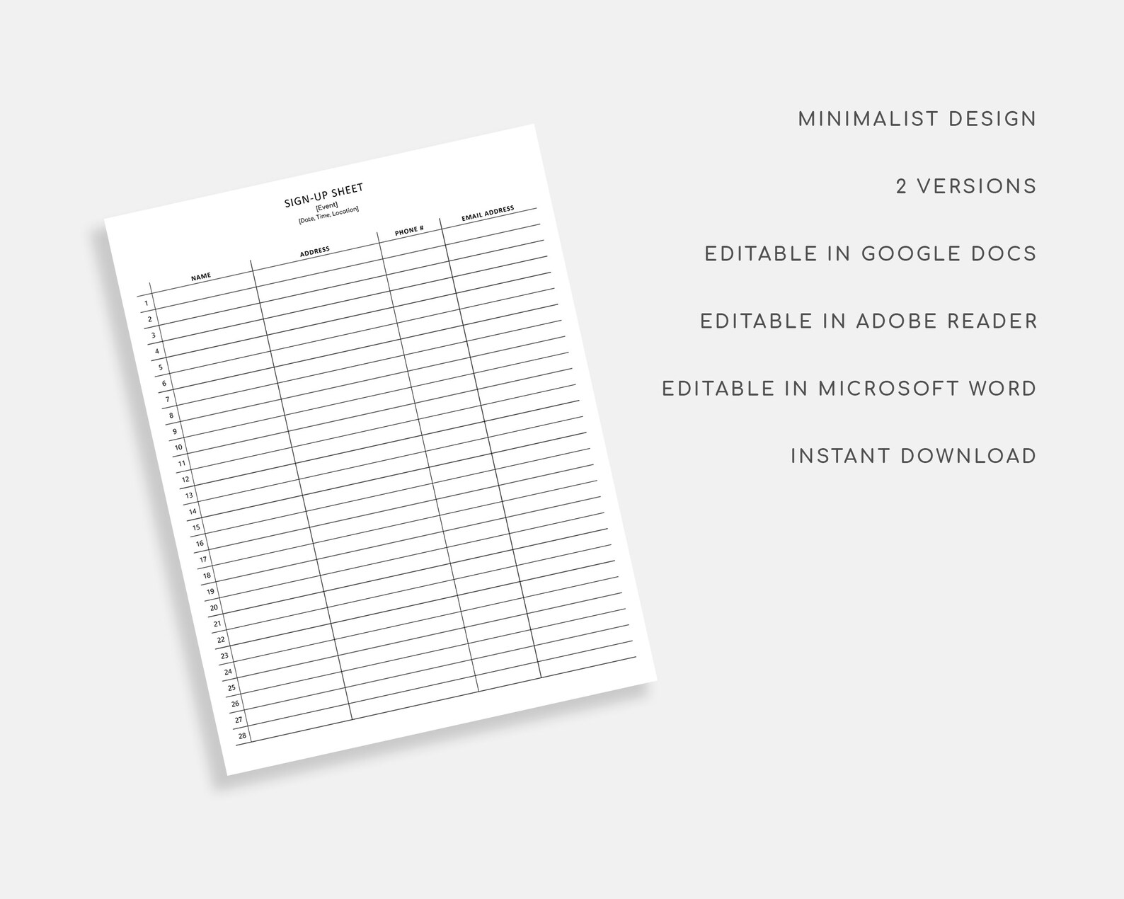 Editable Sign Up Sheet Pdf google Docs microsoft Word Sign Etsy