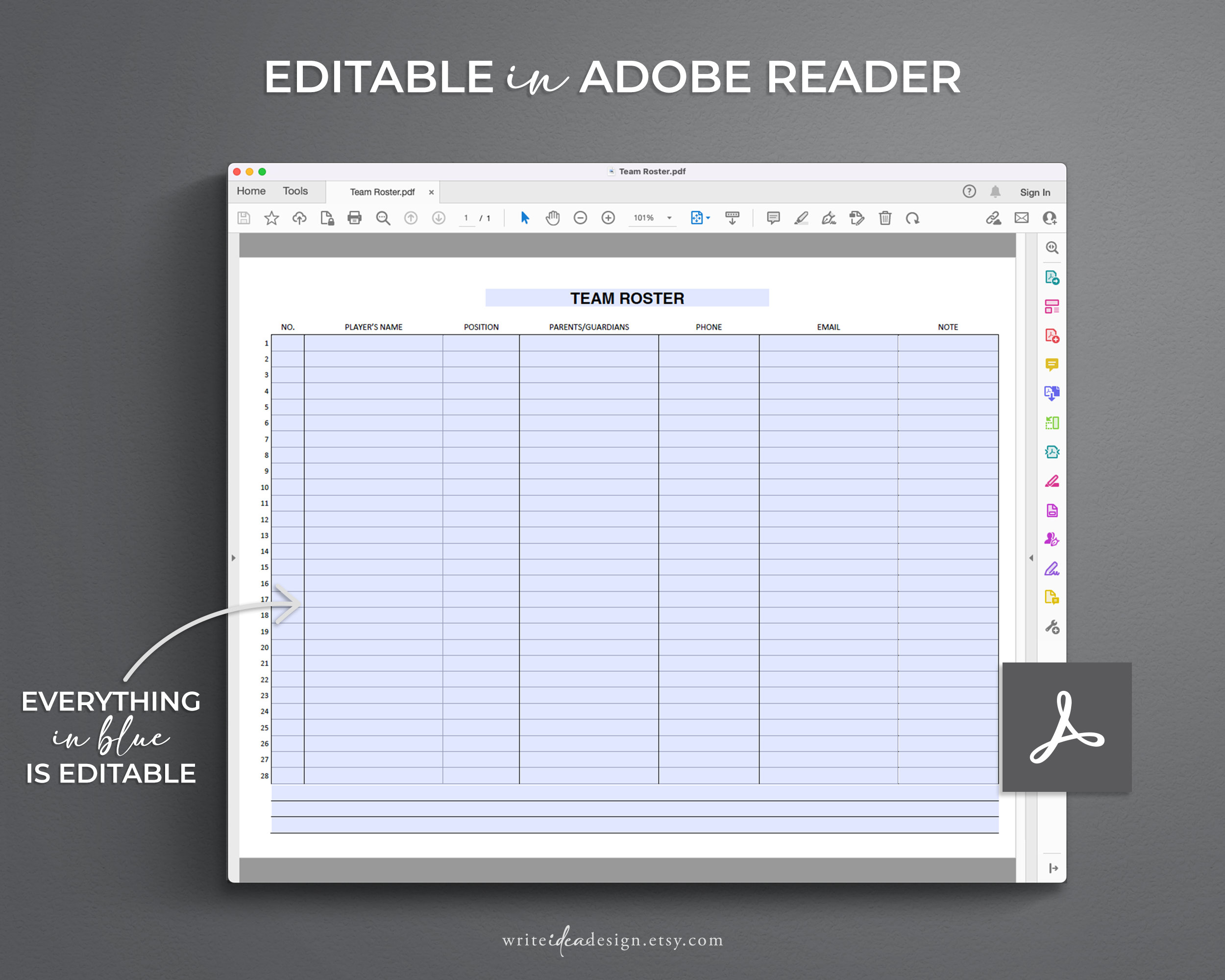 Sports Team Roster Template: Printable PDF, Google Docs, Word - Etsy