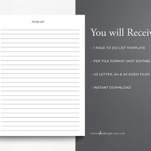 K&ouml;nnte beinhalten: Eine druckbare To-Do-Listenvorlage im PDF-Format. Die Vorlage enth&auml;lt den Titel "TO DO LIST" und eine Reihe leerer Kontrollk&auml;stchen mit Zeilen zum Schreiben. Der Text "You will Receive" wird auf der rechten Seite des Bildes angezeigt, gefolgt von einer Liste der Funktionen: "1 PAGE TO DO LIST TEMPLATE", "PDF FILE FORMAT (NOT EDITABLE)", "US LETTER, A4 & A5 SIZED FILES" und "INSTANT DOWNLOAD".