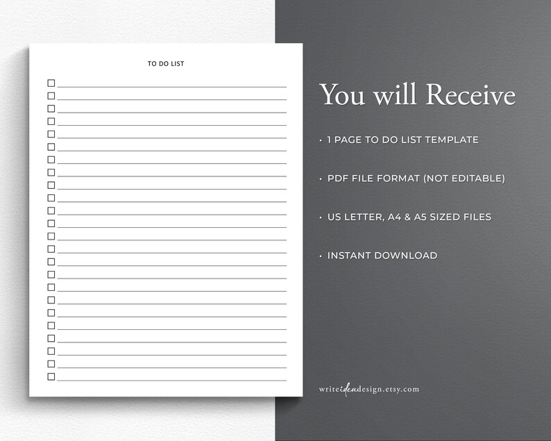 K&ouml;nnte beinhalten: Eine druckbare To-Do-Listenvorlage im PDF-Format. Die Vorlage enth&auml;lt den Titel "TO DO LIST" und eine Reihe leerer Kontrollk&auml;stchen mit Zeilen zum Schreiben. Der Text "You will Receive" wird auf der rechten Seite des Bildes angezeigt, gefolgt von einer Liste der Funktionen: "1 PAGE TO DO LIST TEMPLATE", "PDF FILE FORMAT (NOT EDITABLE)", "US LETTER, A4 & A5 SIZED FILES" und "INSTANT DOWNLOAD".