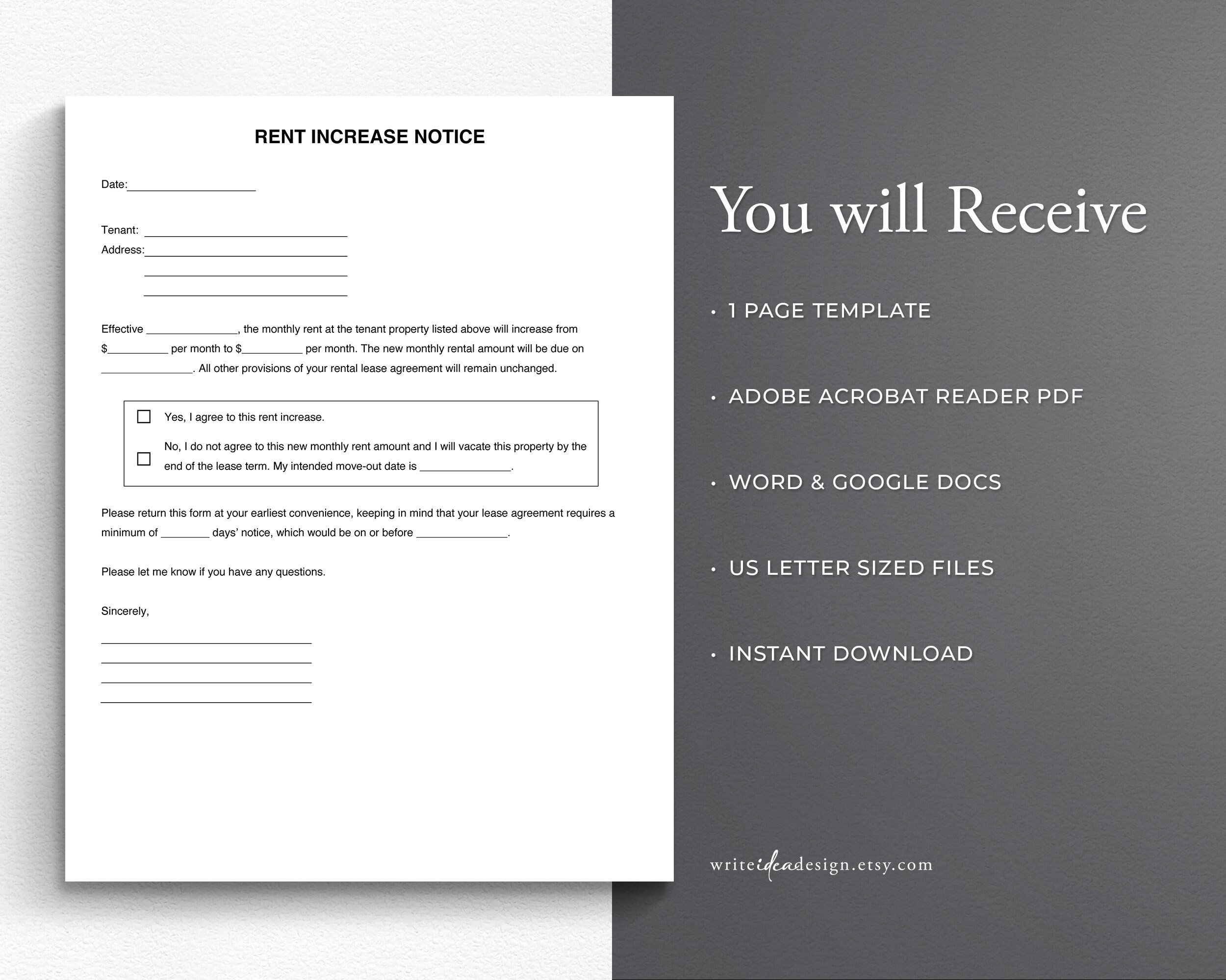 Simple Blank Rent Increase Form.pdf Rent Increase Notice Template: Landlord Tenant Form (google Docs/word ...