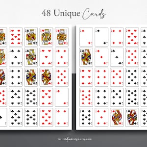 May include: A set of 48 unique playing cards, featuring standard card suits and numbers. The cards are arranged in a grid pattern on a white background. The cards are printed with black and red ink.