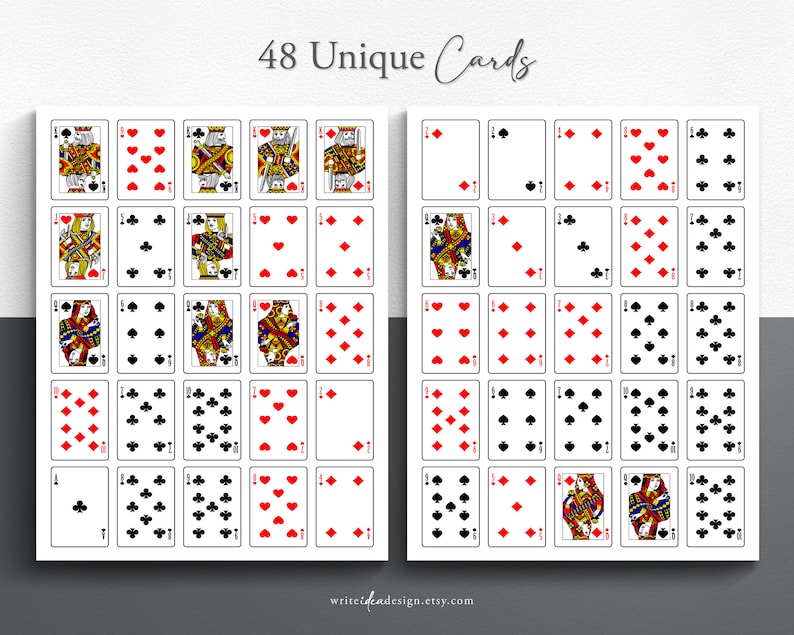 May include: A set of 48 unique playing cards, featuring standard card suits and numbers. The cards are arranged in a grid pattern on a white background. The cards are printed with black and red ink.