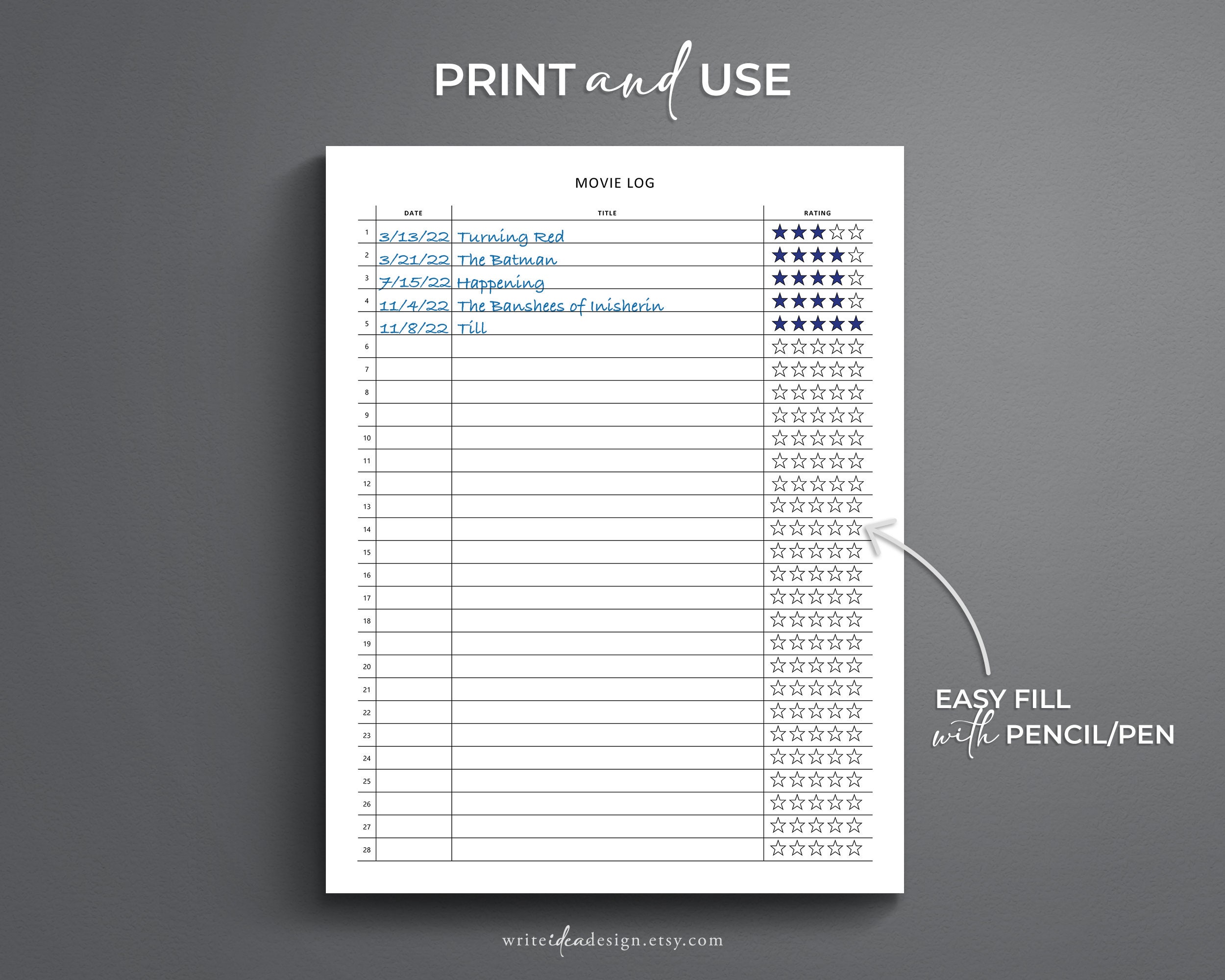 Printable Movie Log. Movie Tracker. Movies I've Watched