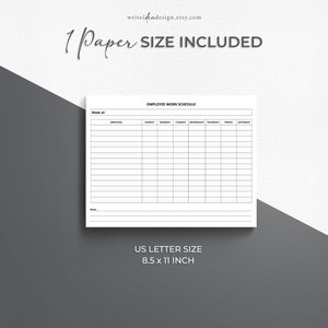 May include: Printable employee work schedule template in black and white. The template is designed for A4 paper, which is 210 x 297 mm.