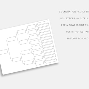 May include: A black and white printable family tree template with 5 generations. The template is in a tree shape with branches and boxes for names. The text "5 Generation Family Tree", "US Letter & A4 Size Size", "PDF & Powerpoint Files", "PDF is not editable", and "Instant Download" is at the top of the page.