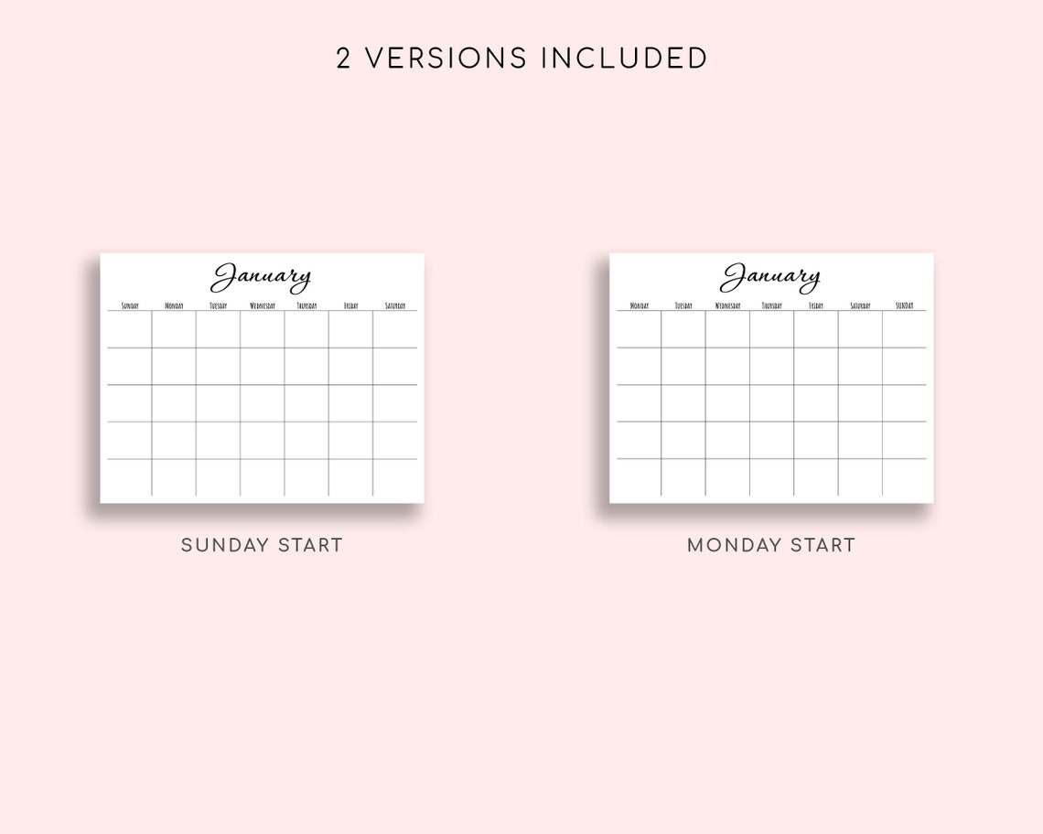 Printable Blank Monthly Calendar. Monday/sunday Start. - Etsy
