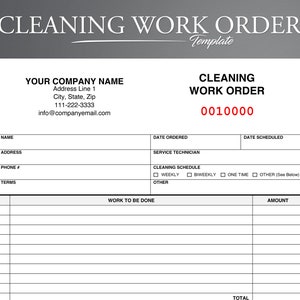 Cleaning Work Order. PDF/Google Docs/Microsoft Word. Cleaning Service Work Order. Cleaning Estimate. Cleaners Invoice.