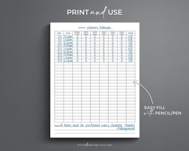 Printable Restroom Cleaning Log: Business Checklist (PDF) - Etsy