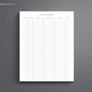 May include: A printable client appointment log with columns for date, time, client, phone/email, service, and price.
