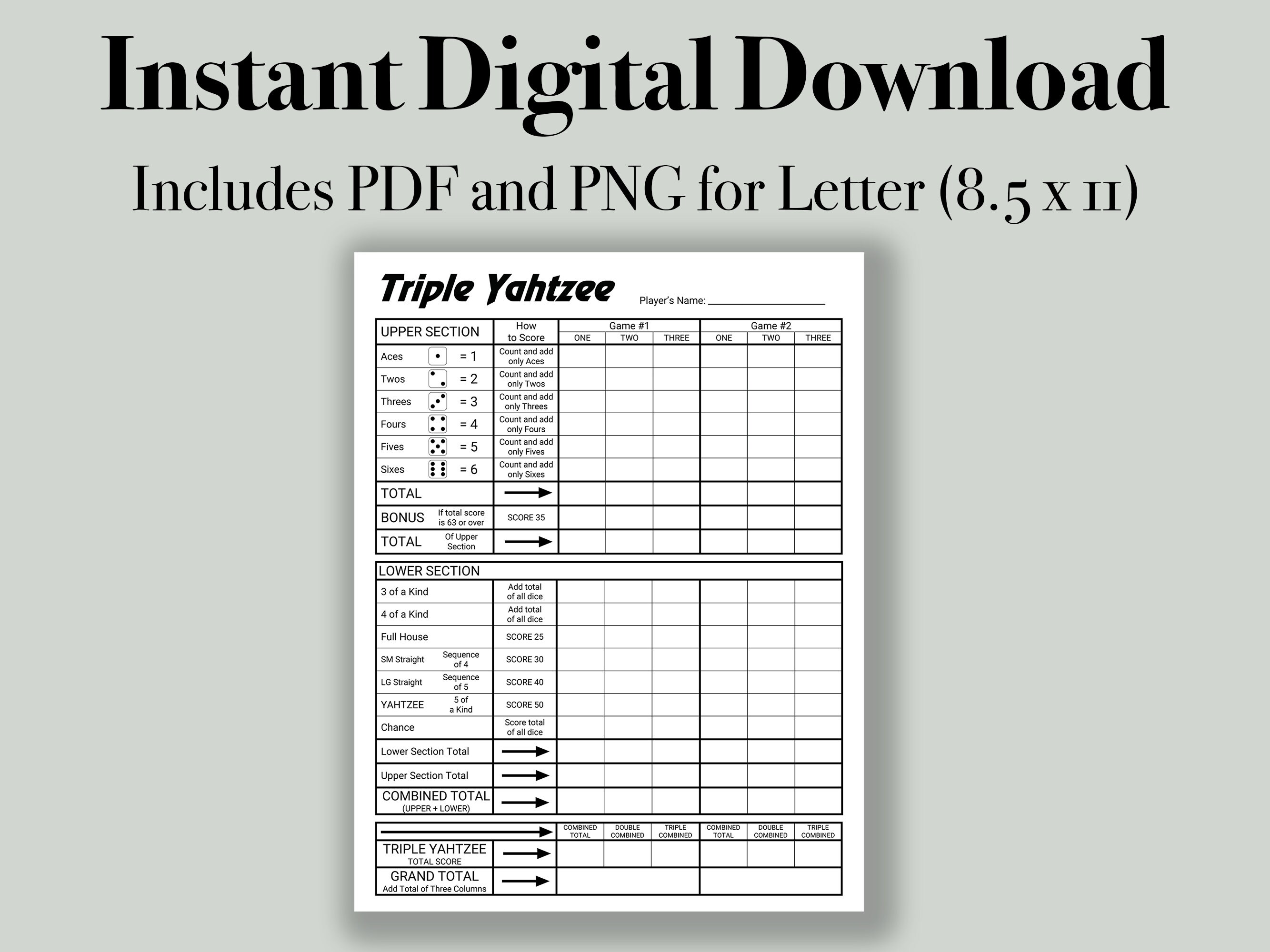 triple yahtzee score card triple yahtzee printable score etsy